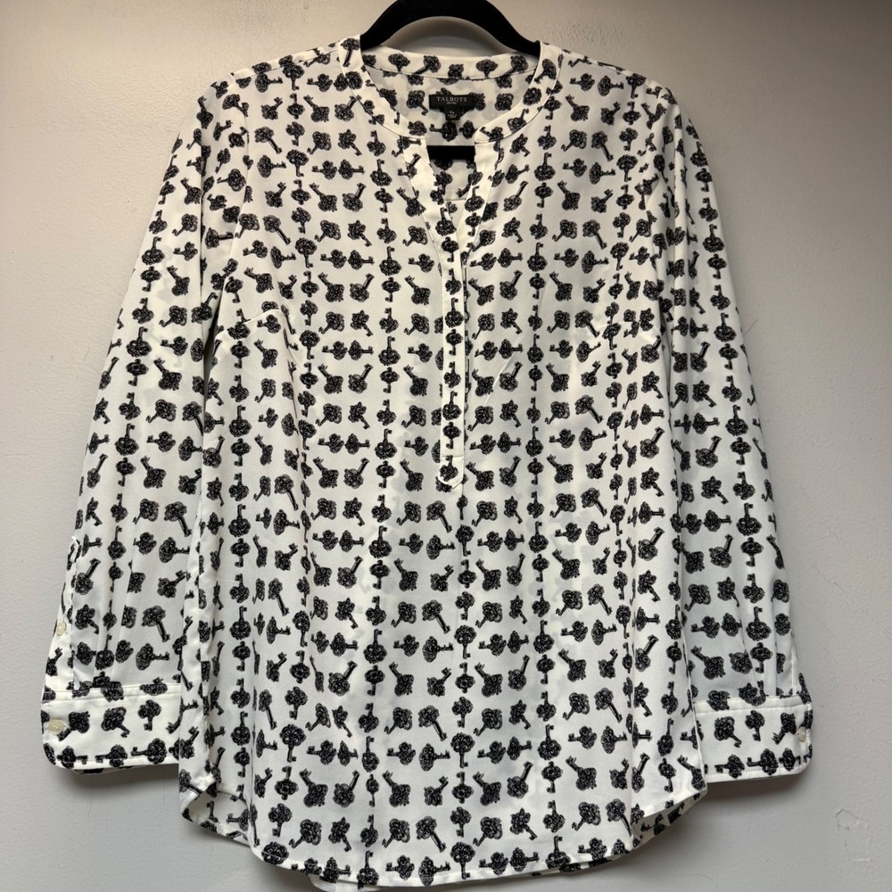 Talbots Blouse Women Sp White Excellent Key Print Split Neck Long Sleeve 9692